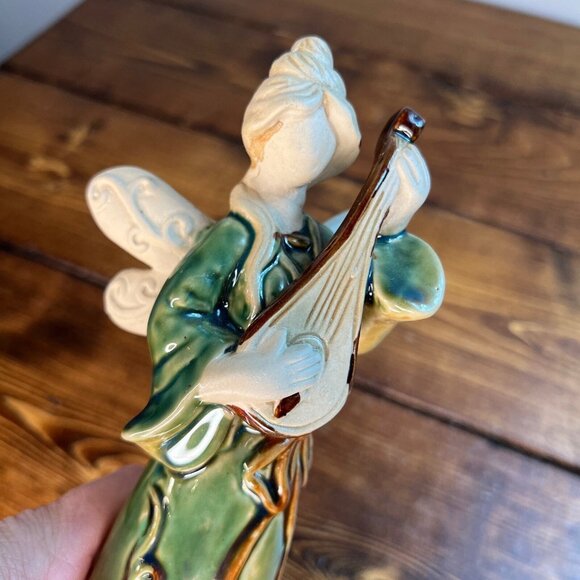 Woman with Wings Playing Mandolin Fairy Angel Ceramic green Figurine - Picture 6 of 10
